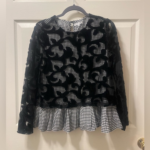 Adore Tops - Adore Black Velvet Overlay Top with Gingham Blouse Underlay. Sz Med
